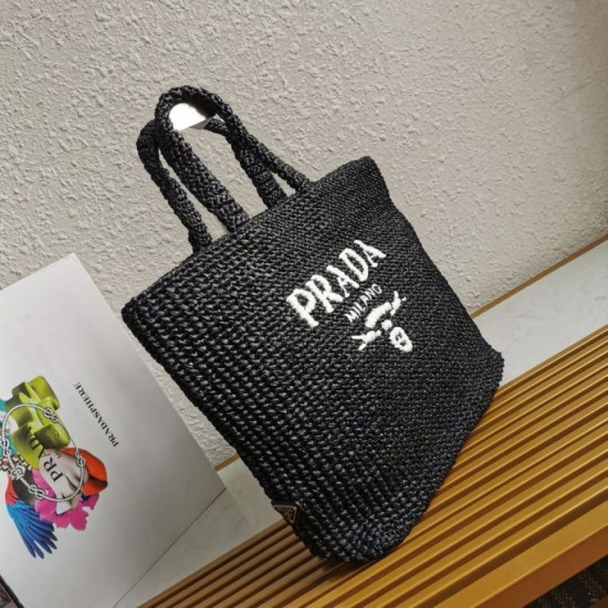 Riproduzione Fedele Prada Large Crochet Tote Bag Raffia-effect Yarn Nero imitazioni