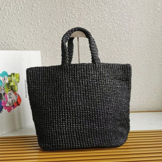 Riproduzione Fedele Prada Large Crochet Tote Bag Raffia-effect Yarn Nero imitazioni