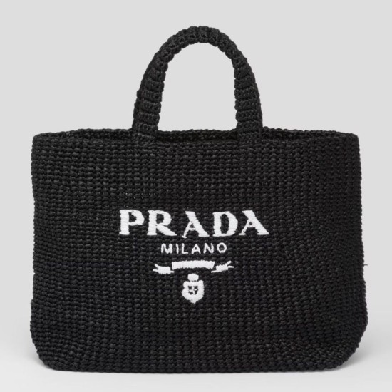 Riproduzione Fedele Prada Large Crochet Tote Bag Raffia-effect Yarn Nero imitazioni