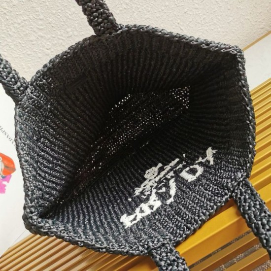 Riproduzione Fedele Prada Large Crochet Tote Bag Raffia-effect Yarn Nero imitazioni