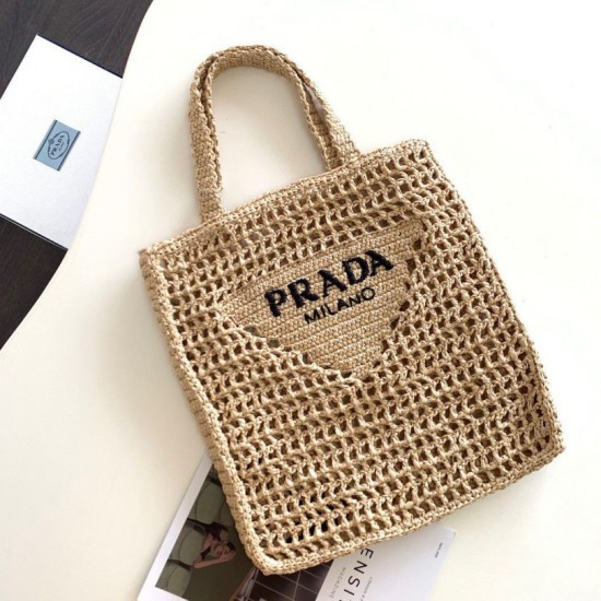 Riproduzione Fedele Prada Small Tote Bag Raffia Intrecciata Beige imitazioni