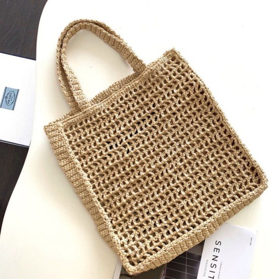 Riproduzione Fedele Prada Small Tote Bag Raffia Intrecciata Beige imitazioni