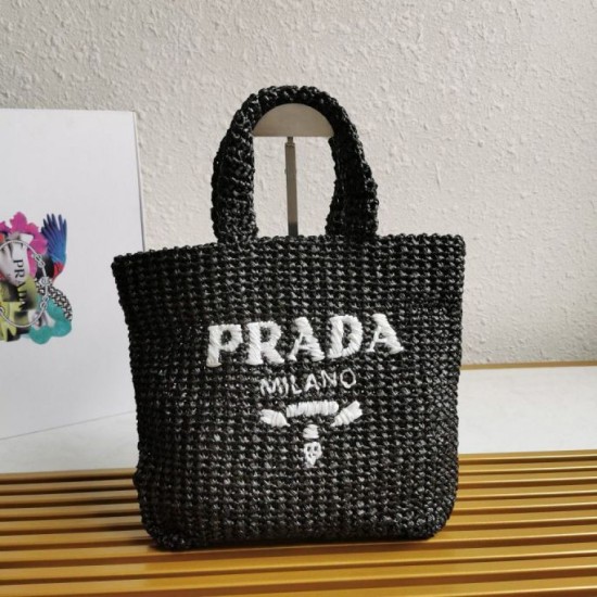 Riproduzione Fedele Borse Replica tote piccola Prada all'uncinetto in filato effetto rafia nero imitazioni