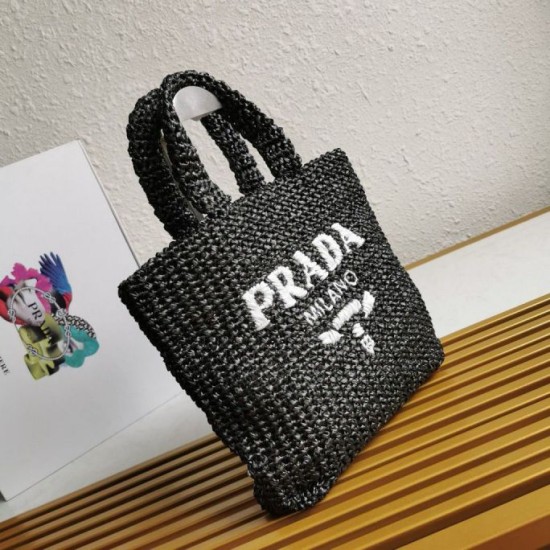 Riproduzione Fedele Borse Replica tote piccola Prada all'uncinetto in filato effetto rafia nero imitazioni