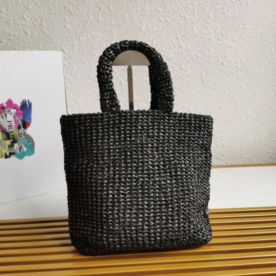 Riproduzione Fedele Borse Replica tote piccola Prada all'uncinetto in filato effetto rafia nero imitazioni