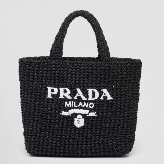Riproduzione Fedele Borse Replica tote piccola Prada all'uncinetto in filato effetto rafia nero imitazioni