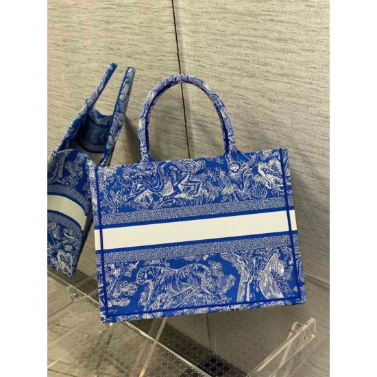 Riproduzione Fedele Dior Book Tote Bag Media Ricamo Toile de Jouy Reverse Blu imitazioni