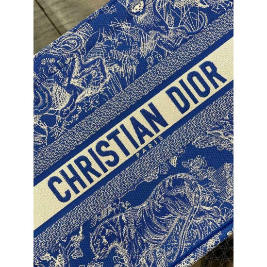 Riproduzione Fedele Dior Book Tote Bag Media Ricamo Toile de Jouy Reverse Blu imitazioni