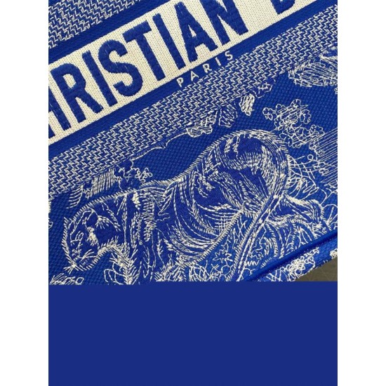 Riproduzione Fedele Dior Book Tote Bag Media Ricamo Toile de Jouy Reverse Blu imitazioni