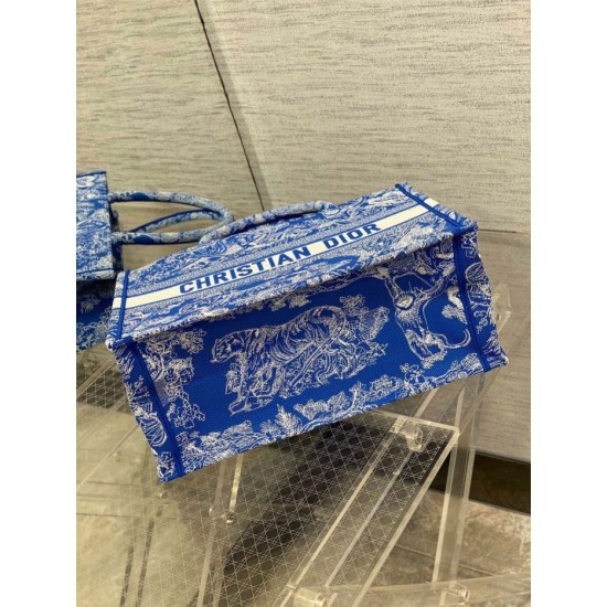 Riproduzione Fedele Dior Book Tote Bag Media Ricamo Toile de Jouy Reverse Blu imitazioni