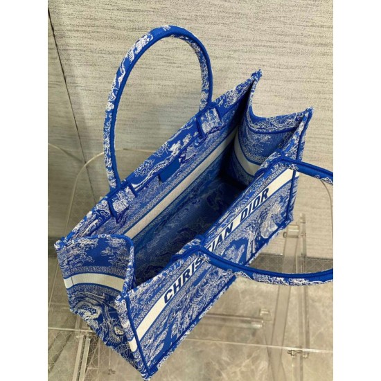Riproduzione Fedele Dior Book Tote Bag Media Ricamo Toile de Jouy Reverse Blu imitazioni