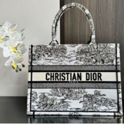 Riproduzione Fedele Dior Medium Dior Book Tote Bag Ricamo Toile de Jouy Motivo Scozia Bianco/Nero imitazioni