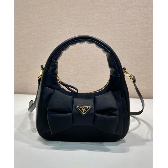 Riproduzione Fedele Mini-bag in nylon/nappa Prada Re-Nylon con fiocco 1BC241 Nero imitazioni