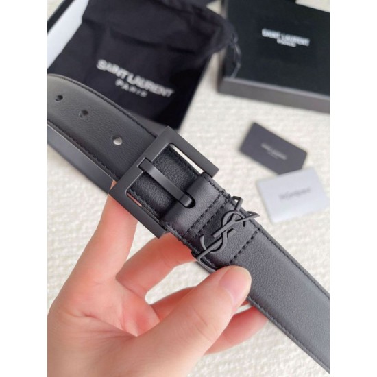 Riproduzione Fedele replica Cintura YSL Saint Laurent Cassandre Square Buckle 30MM Tutto Nero imitazioni