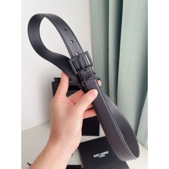 Riproduzione Fedele replica Cintura YSL Saint Laurent Cassandre Square Buckle 30MM Tutto Nero imitazioni