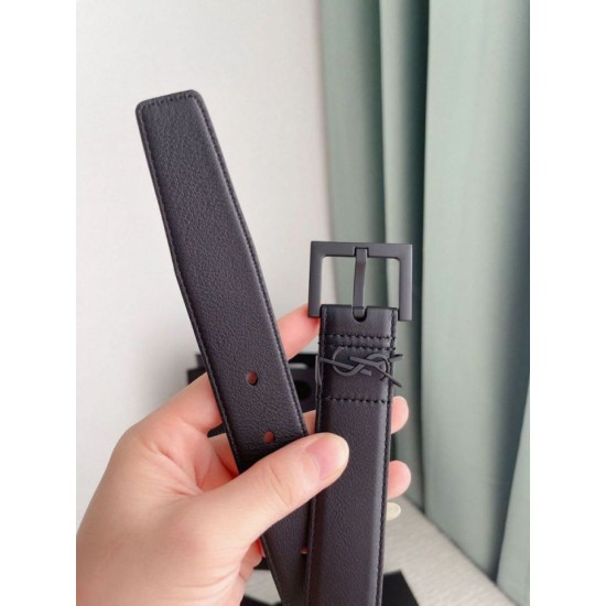 Riproduzione Fedele replica Cintura YSL Saint Laurent Cassandre Square Buckle 30MM Tutto Nero imitazioni