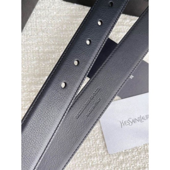 Riproduzione Fedele replica Cintura YSL Saint Laurent Cassandre Square Buckle 30MM Tutto Nero imitazioni