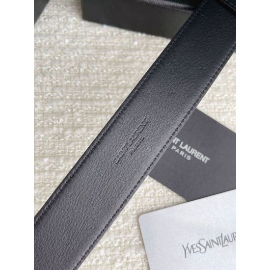 Riproduzione Fedele replica Cintura YSL Saint Laurent Cassandre Square Buckle 30MM Tutto Nero imitazioni