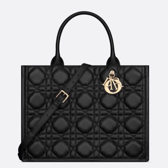 Borse Replica tote Dior media a libro con tracolla Pelle di vitello macrocannage nera qualità specchio Replica Perfette Borse tote Dior media a libro con tracolla Pelle di vitello macrocannage nera imitazioni