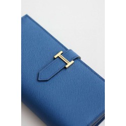 Dettagli perfetti Replica Portafoglio lungo Hermès Bearn fatto a mano in pelle di vitello Epsom blu Francia