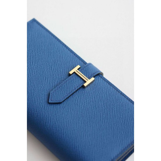 Replica Dettagli perfetti  Portafoglio lungo Hermès Bearn fatto a mano in pelle di vitello Epsom blu Francia