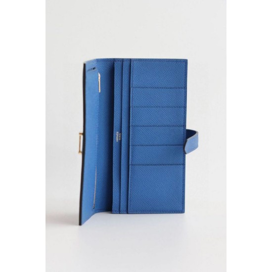 Replica Dettagli perfetti  Portafoglio lungo Hermès Bearn fatto a mano in pelle di vitello Epsom blu Francia