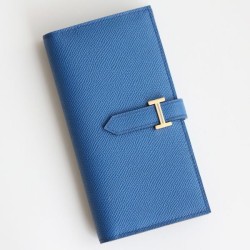 Dettagli perfetti Replica Portafoglio lungo Hermès Bearn fatto a mano in pelle di vitello Epsom blu Francia