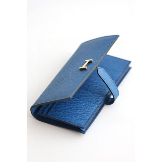 Replica Dettagli perfetti  Portafoglio lungo Hermès Bearn fatto a mano in pelle di vitello Epsom blu Francia