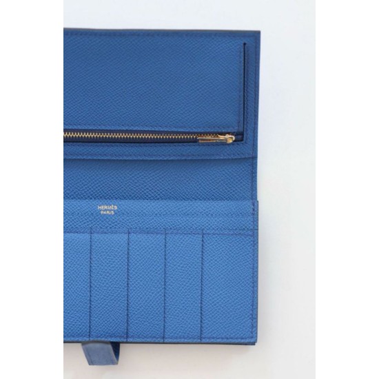 Replica Dettagli perfetti  Portafoglio lungo Hermès Bearn fatto a mano in pelle di vitello Epsom blu Francia