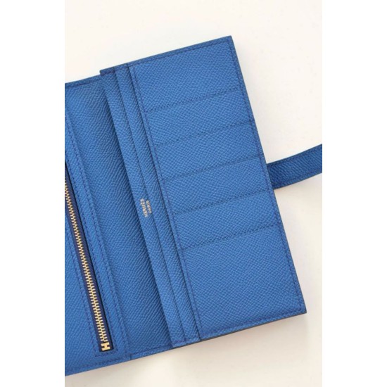 Replica Dettagli perfetti  Portafoglio lungo Hermès Bearn fatto a mano in pelle di vitello Epsom blu Francia