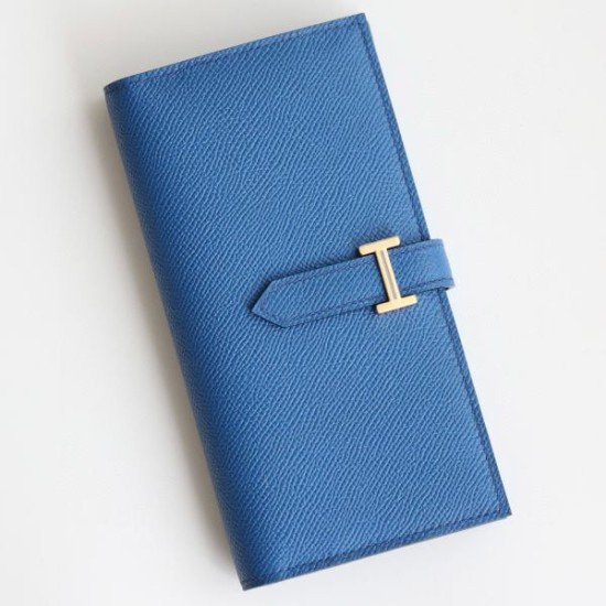 Replica Dettagli perfetti  Portafoglio lungo Hermès Bearn fatto a mano in pelle di vitello Epsom blu Francia