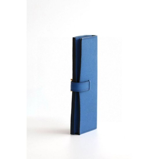 Replica Dettagli perfetti  Portafoglio lungo Hermès Bearn fatto a mano in pelle di vitello Epsom blu Francia