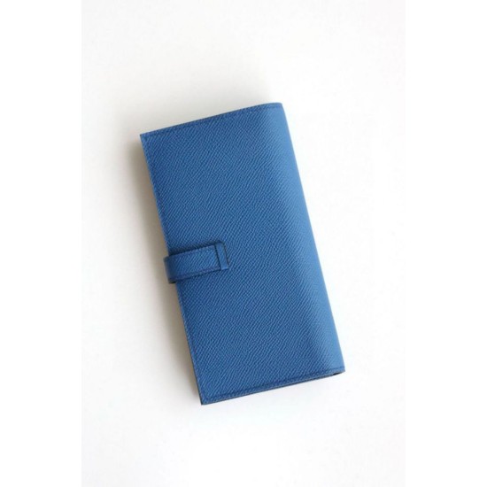 Replica Dettagli perfetti  Portafoglio lungo Hermès Bearn fatto a mano in pelle di vitello Epsom blu Francia