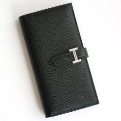 Replica Alta gamma Portafoglio lungo Hermès Bearn fatto a mano in pelle di vitello Epsom nera