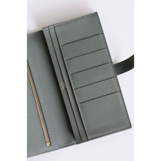 Replica Dettagli perfetti Portafoglio lungo Hermès Bearn fatto a mano in pelle di vitello Epsom verde mandorla