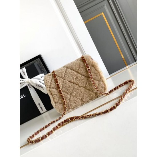 Dettagli perfetti Borse Replica mini con patta in pelle di agnello shearling AS5148 Beige qualità specchio Replica Perfette Dettagli perfetti Borse mini con patta in pelle di agnello shearling AS5148 Beige imitazioni