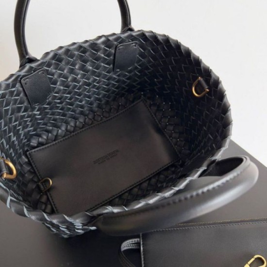 Borse Replica Bottega Veneta Mini Cabat agnello intrecciata nera qualità specchio Replica Perfette Borse Bottega Veneta Mini Cabat agnello intrecciata nera imitazioni