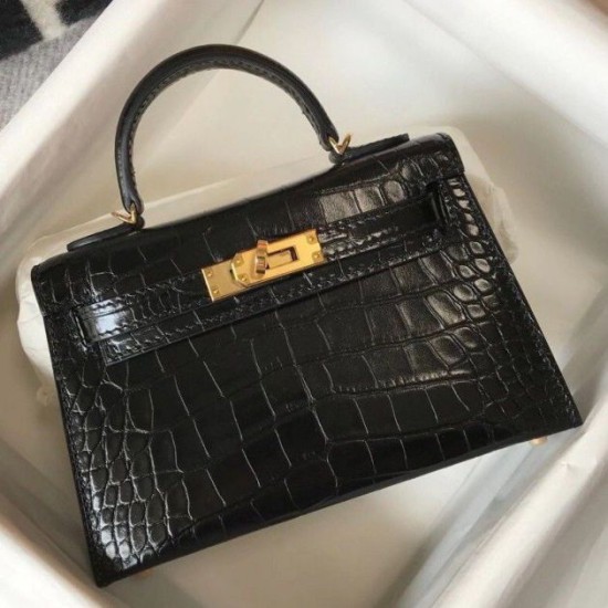 Hermes Kelly Mini II Borsa Nero Embossed Crocodile Replica Replica Perfette Hermes Kelly Mini II Borsa Nero Embossed Crocodile imitazioni