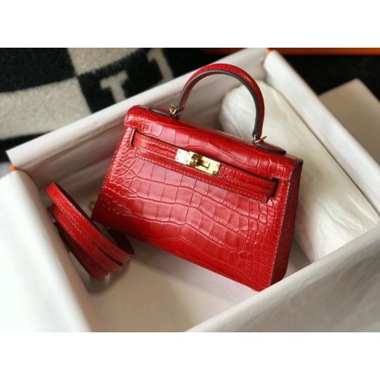 Hermes Kelly Mini II Borsa Rosso Embossed Crocodile Replica Replica Perfette Hermes Kelly Mini II Borsa Rosso Embossed Crocodile imitazioni