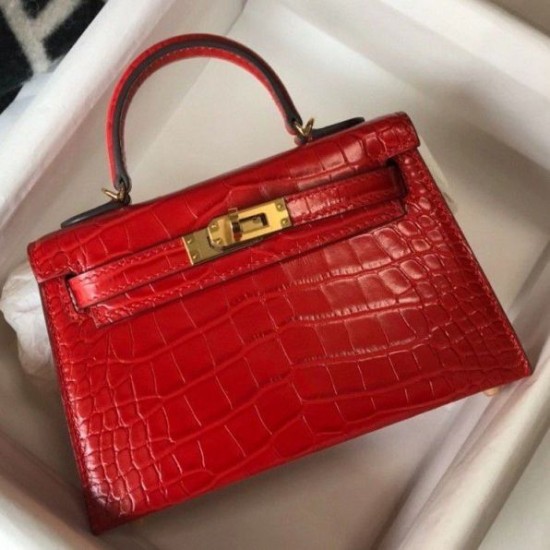 Hermes Kelly Mini II Borsa Rosso Embossed Crocodile Replica Replica Perfette Hermes Kelly Mini II Borsa Rosso Embossed Crocodile imitazioni