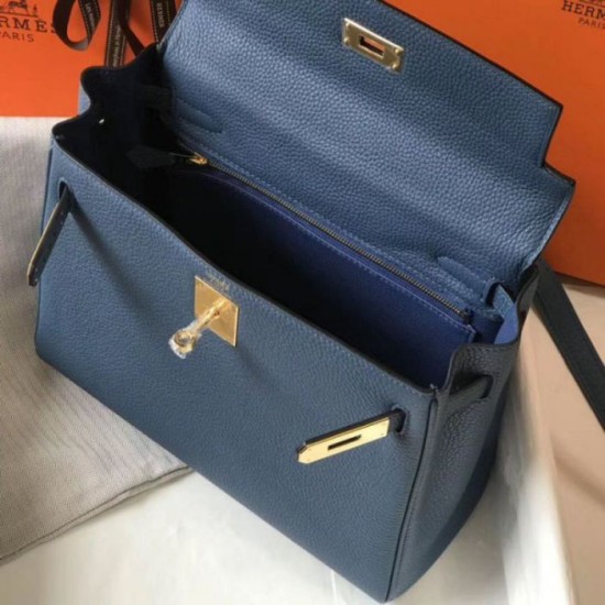 Borsa Hermes Kelly 28cm Retourne blu agata Clemence Replica Replica Perfette Borsa Hermes Kelly 28cm Retourne blu agata Clemence imitazioni
