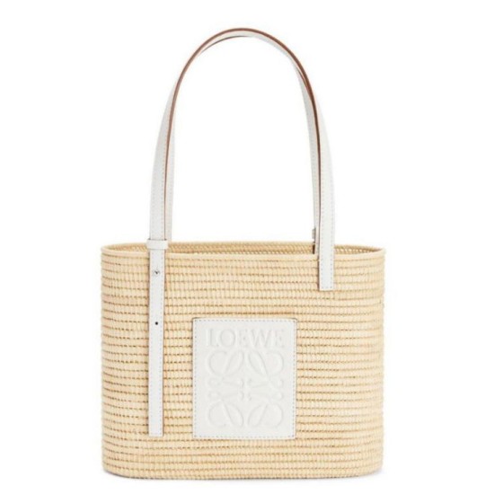 Loewe Piccolo Square Basket Bora Pari replica Raffia e vitello bianca qualità specchio Replica Perfette Loewe Piccolo Square Basket Bora Pari Raffia e vitello bianca imitazioni