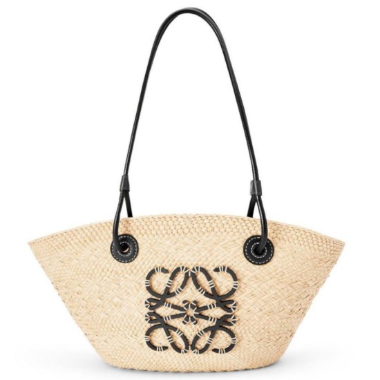Replica Perfette Loewe Piccolo Anagram Basket Imitazioni borse griffate Iraca Palm e Vitello Nero imitazioni