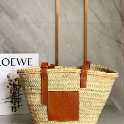 Loewe Medium Basket Bora Pari replica Raffia e vitello marrone qualità specchio Replica Perfette Loewe Medium Basket Bora Pari Raffia e vitello marrone imitazioni