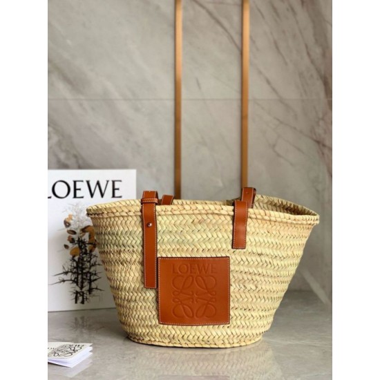 Loewe Medium Basket Bora Pari replica Raffia e vitello marrone qualità specchio Replica Perfette Loewe Medium Basket Bora Pari Raffia e vitello marrone imitazioni
