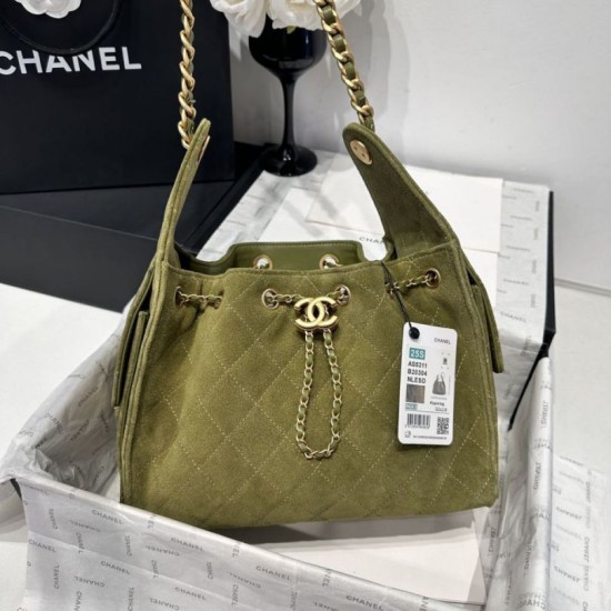 Replica Chanel AS5293, borsa a secchiello con coulisse piccola Hobo Vintage Verde pelle di daino