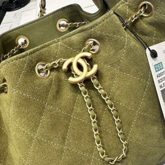Replica Chanel AS5293, borsa a secchiello con coulisse piccola Hobo Vintage Verde pelle di daino
