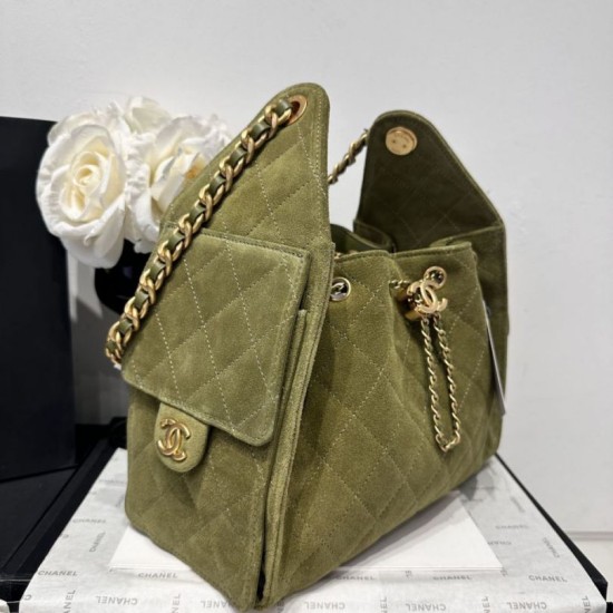 Replica Chanel AS5293, borsa a secchiello con coulisse piccola Hobo Vintage Verde pelle di daino