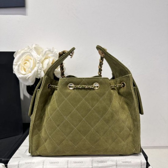 Replica Chanel AS5293, borsa a secchiello con coulisse piccola Hobo Vintage Verde pelle di daino
