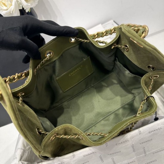 Replica Chanel AS5293, borsa a secchiello con coulisse piccola Hobo Vintage Verde pelle di daino